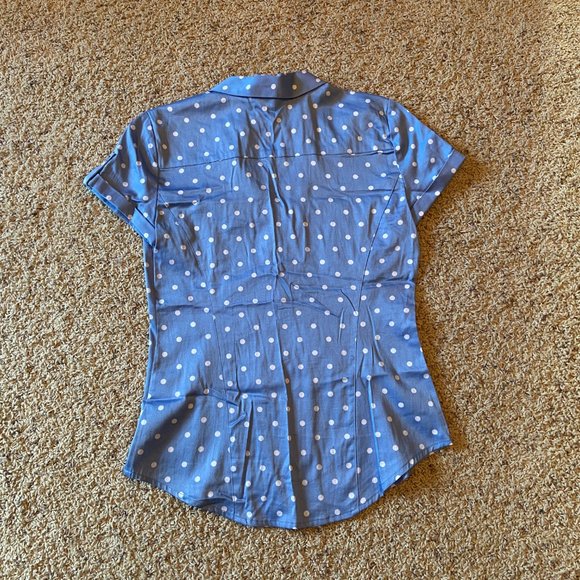 Blue White Polka Dots XS Button Down Short Sleeve - Picture 2 of 4
